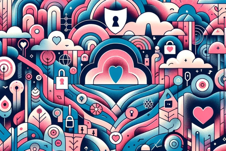 illustration with safety, security and wellbeing symbols with pink, white and blue colors.