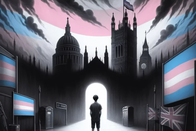 symbolic UK elements and dark clouds over transgender flags.