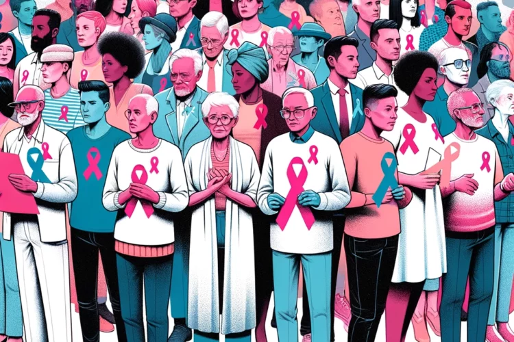 An illustration depicting a diverse group of community members standing together, showing concern and support in the fight against AIDS.