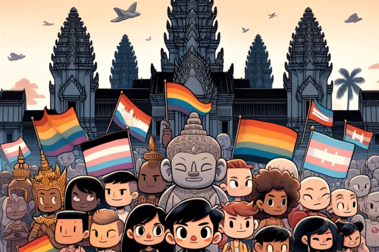 An illustrated image reflecting LGBT and trans rights in Cambodia, rendered in a cartoon style with a more neutral emotional tone.