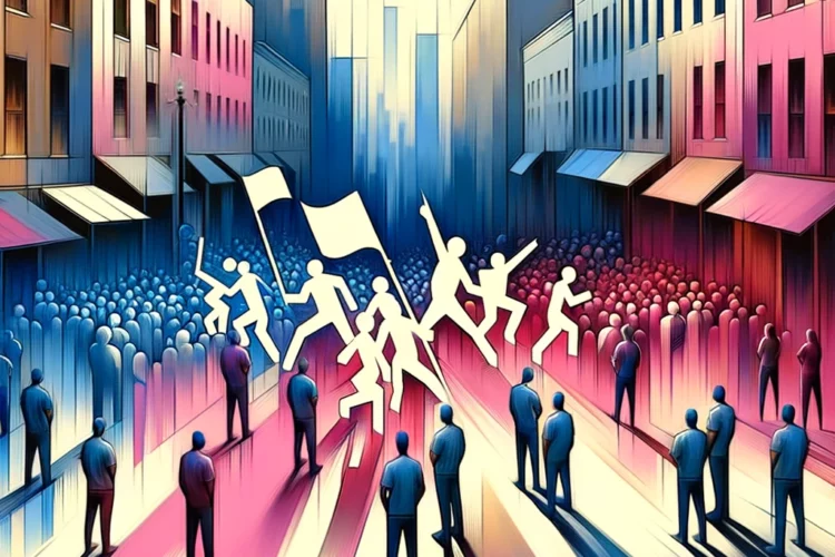 A group of people opposing radical activists in a street setting, utilizing a palette of pink, blue, and white colors.
