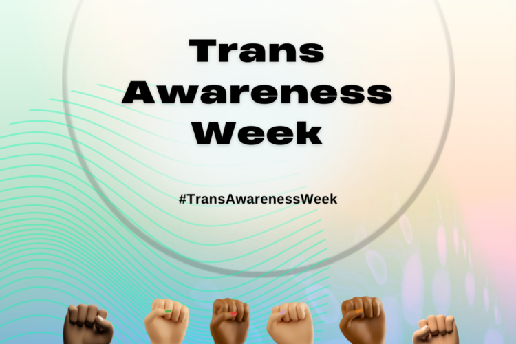 Text: Trans Awareness Week 2022. An image of 6 arms with closed fists