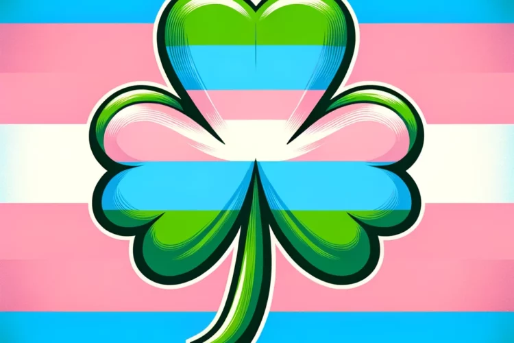 An image that the iconic Irish shamrock symbol with the trans flag as a backdrop.