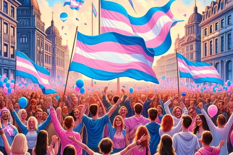 illustration that celebrates trans liberation, with people holding trans flags on the streets.