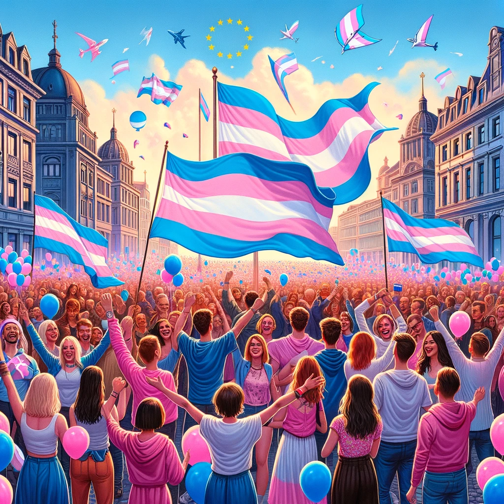 Implementing Strategies Of Trans Liberation For Systemic Change GATE   DALL·E 2024 02 22 11.01.39 An Inspiring Illustration That Celebrates Gender Inclusivity In Europe Using A Palette Of Pink Blue And White To Reflect The Colors Of The Transgen.webp