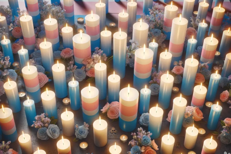 An image depicting a memorial scene filled with numerous candles and flowers, all incorporating the trans flag colors.