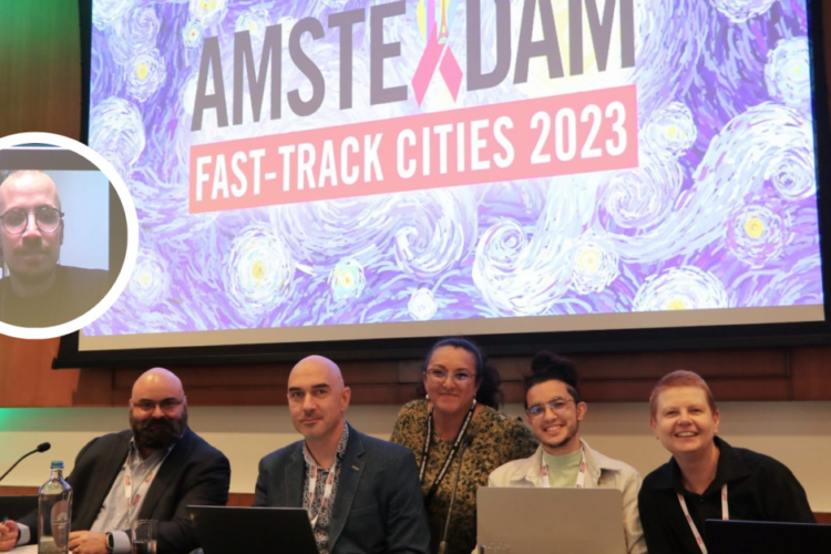 Speakers at Fast Track Cities Conference 2023 from left to right: Cleiton Euzebio de Lima (UNAIDS) [joined virtually], Masen Davis (FCAA), Antons Mozalevskis (WHO), Erika Castellanos (GATE), Anwar Ogrm (GATE) and Anil Padavatan (GATE)