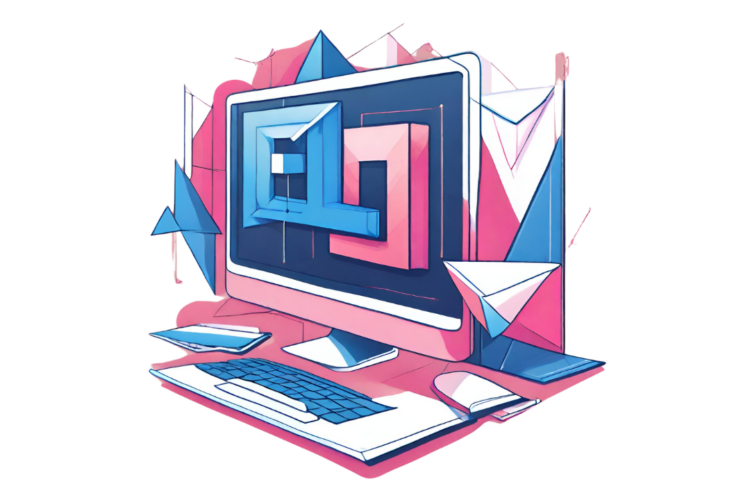 An image featuring a computer colored in pink, white and bllue.
