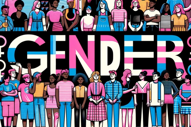 An illustration showcasing a diverse group of people from various genders, ethnicities, races, and abilities. The word Gender in the middle with a small cross representing anti-gender movements.