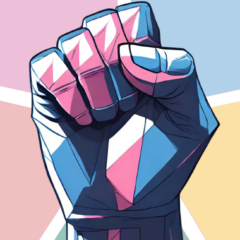 A colorful background and a fist in front with blue, pink and white colors.