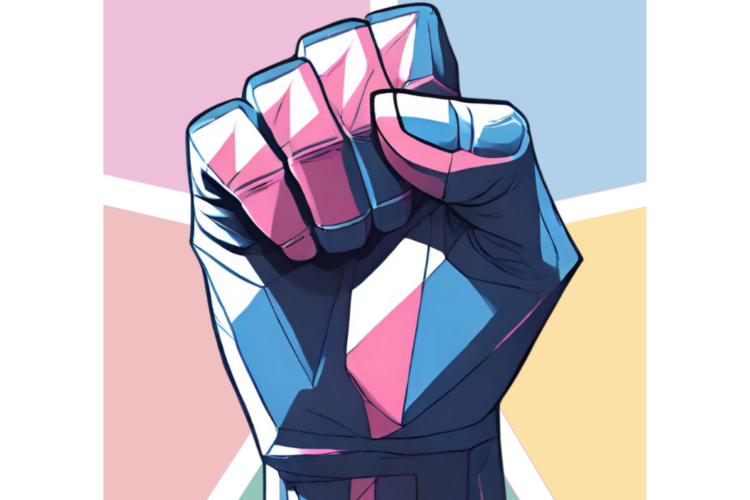 A colorful background and a fist in front with blue, pink and white colors.