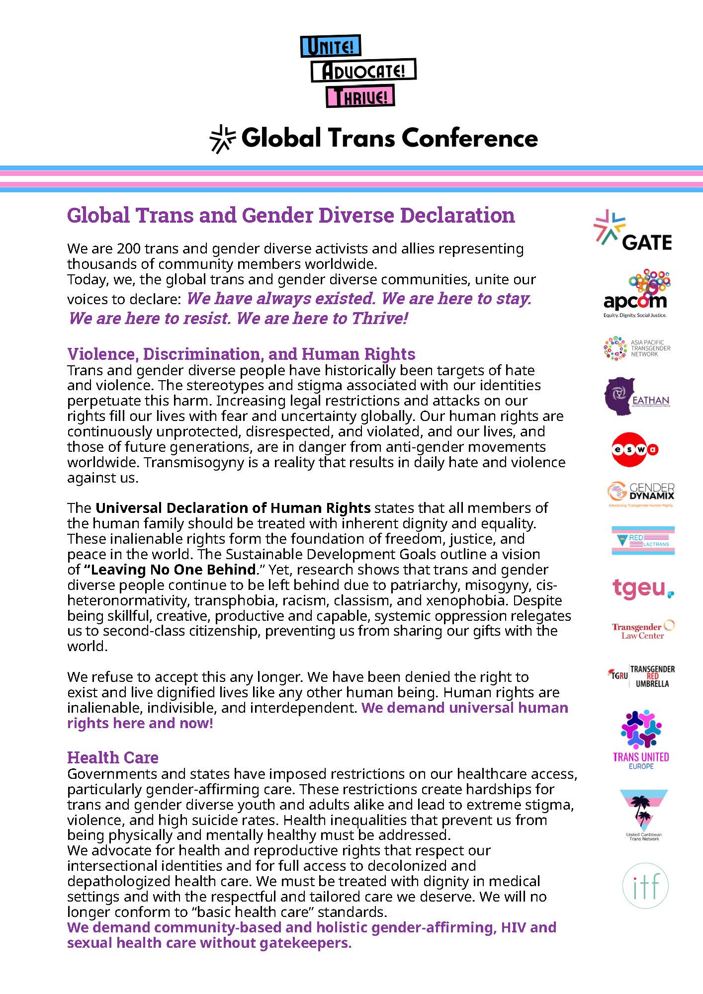 Global Trans and Gender Diverse Declaration — GATE | Global Action for ...