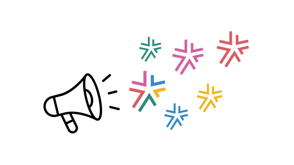 A megaphone with several GATE logos in different colours