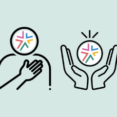 A person with their hand on the chest and on the side two hands with a treasure. GATE logo on both images.