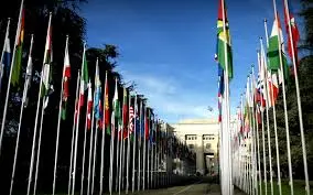 photo of the flags leading up the the UN in Geneva
