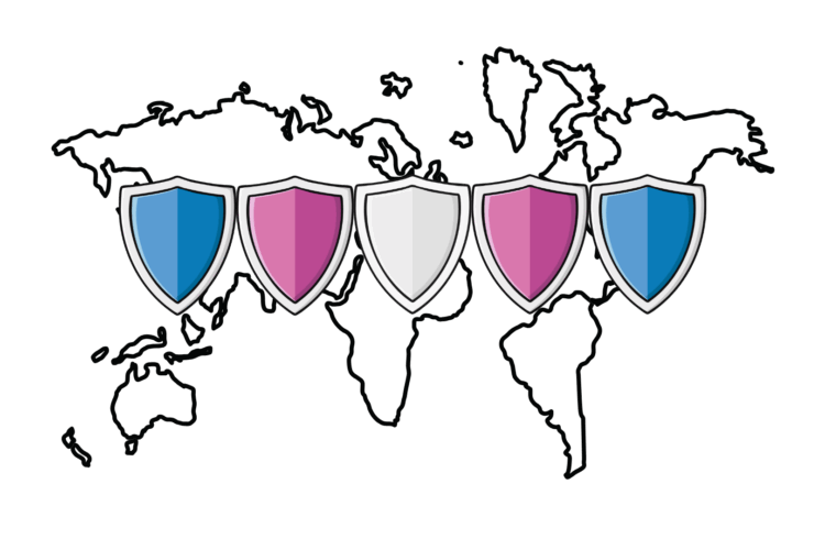World map with shields representing trans and gender diverse human rights defenders | GATE