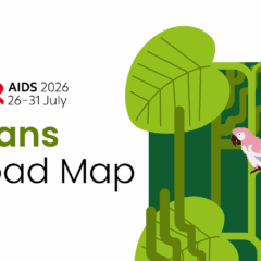 AIDS 2026 Conference logo on the top left. Below, the text says "Trans Road Map". On the right side is an illustration of a macaw in pink, blue, and white on a branch in front of several plants.