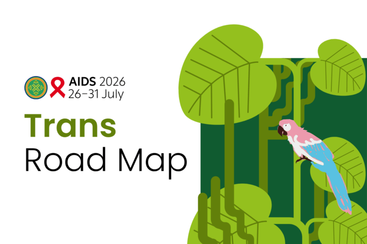 AIDS 2026 Conference logo on the top left. Below, the text says "Trans Road Map". On the right side is an illustration of a macaw in pink, blue, and white on a branch in front of several plants.
